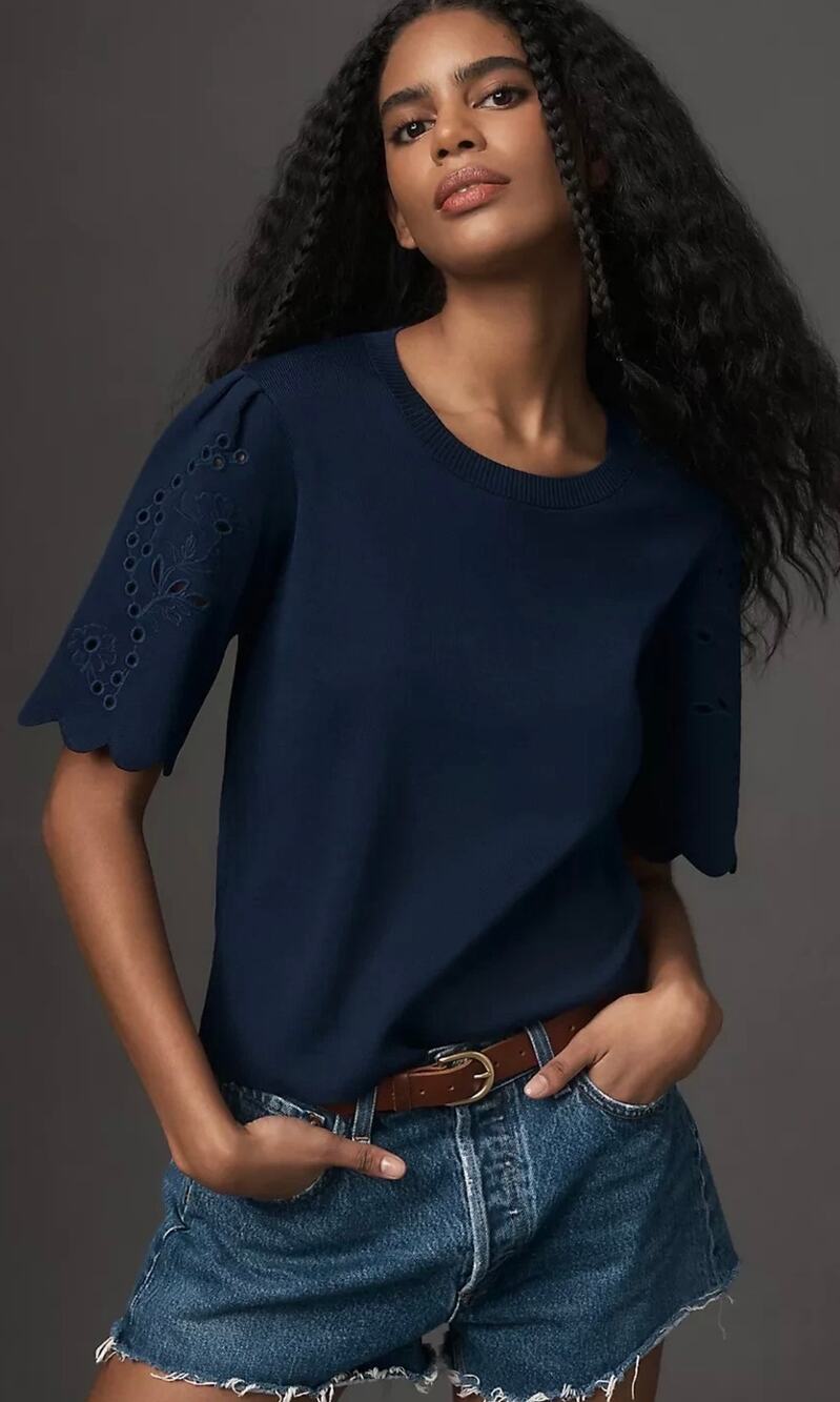 Maeve Anthropologie Navy Blue Scalloped EyeletTwofer Sweater Tee-Size M